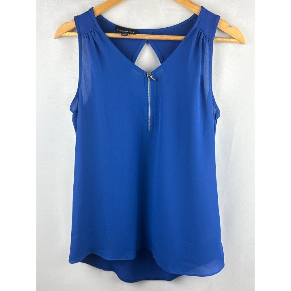 Fortune+Ivy Womens Sleeveless Blue Blouse With Front Zipper Accent - Size S
